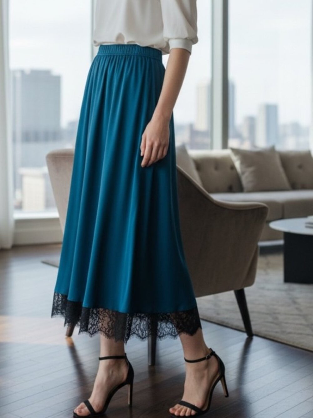 The Kooples Teal Maxi Skirt with Lace Hem